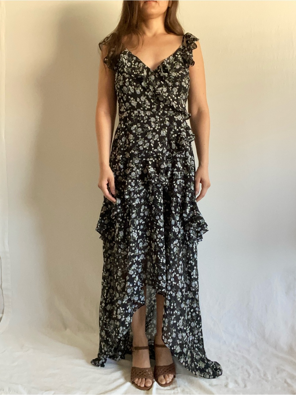 Astr Black Floral Ruffle Maxi Dress Size Medium